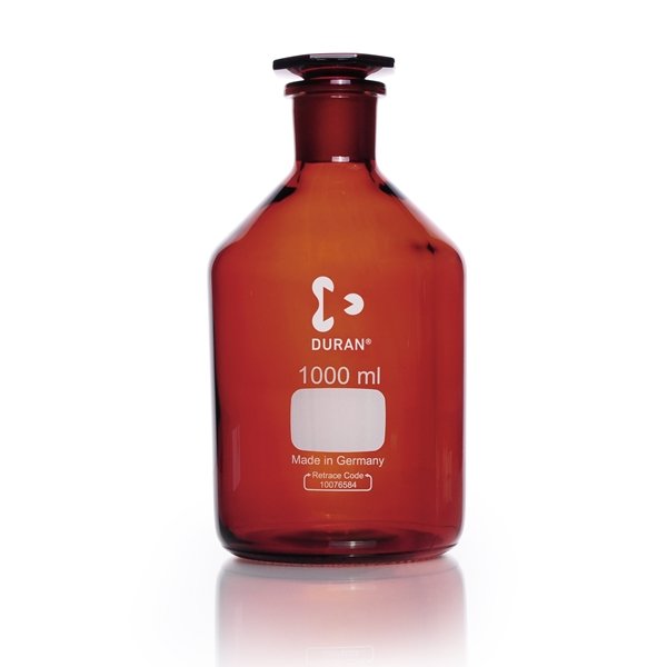 DURAN® Reagent Bottle, Narrow Neck, Amber, with Flat Head Stopper