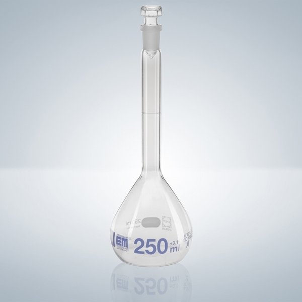 Flask Volumetric, A Grade, Clear, Glass Stopper, with Batch Certificate, Blue Graduation