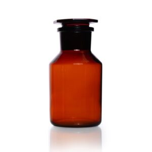 Reagent Bottle, Soda-Lime Glass, Wide Neck, Amber, with Flat Head Stopper